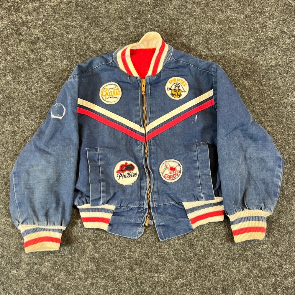 VTG MLB Multi Team Patch Bomber Jacket Youth Small Blue Baseball Full Zip 1960s